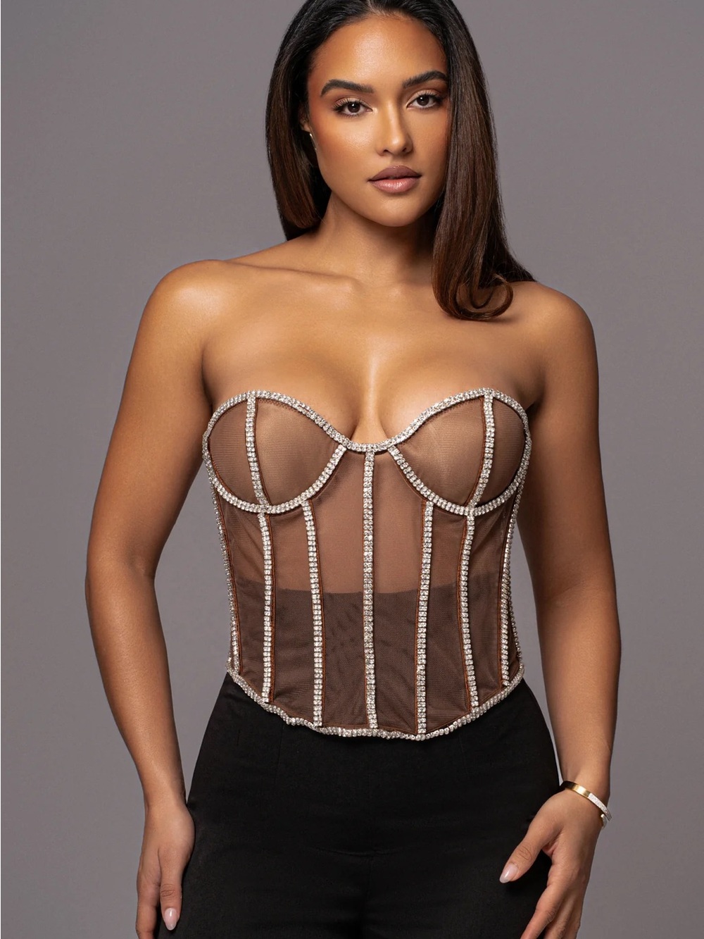 JLUXLABEL Dark Limited Edition Rhinestone Crystal Corset Top - Brown